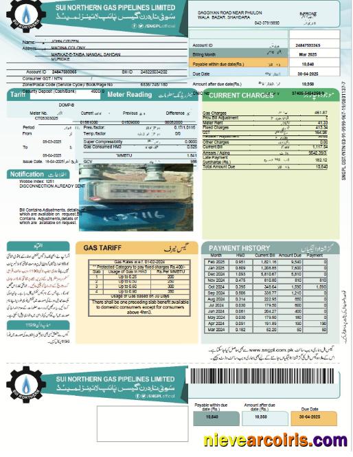 Pakistan Sui Northern Gas Pipelines utility bill, version 2